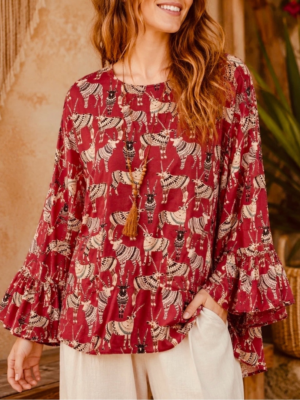 World Market Animal Print Top Boho Bell Sleeve Ibex Oryx Novelty Peasant S/M